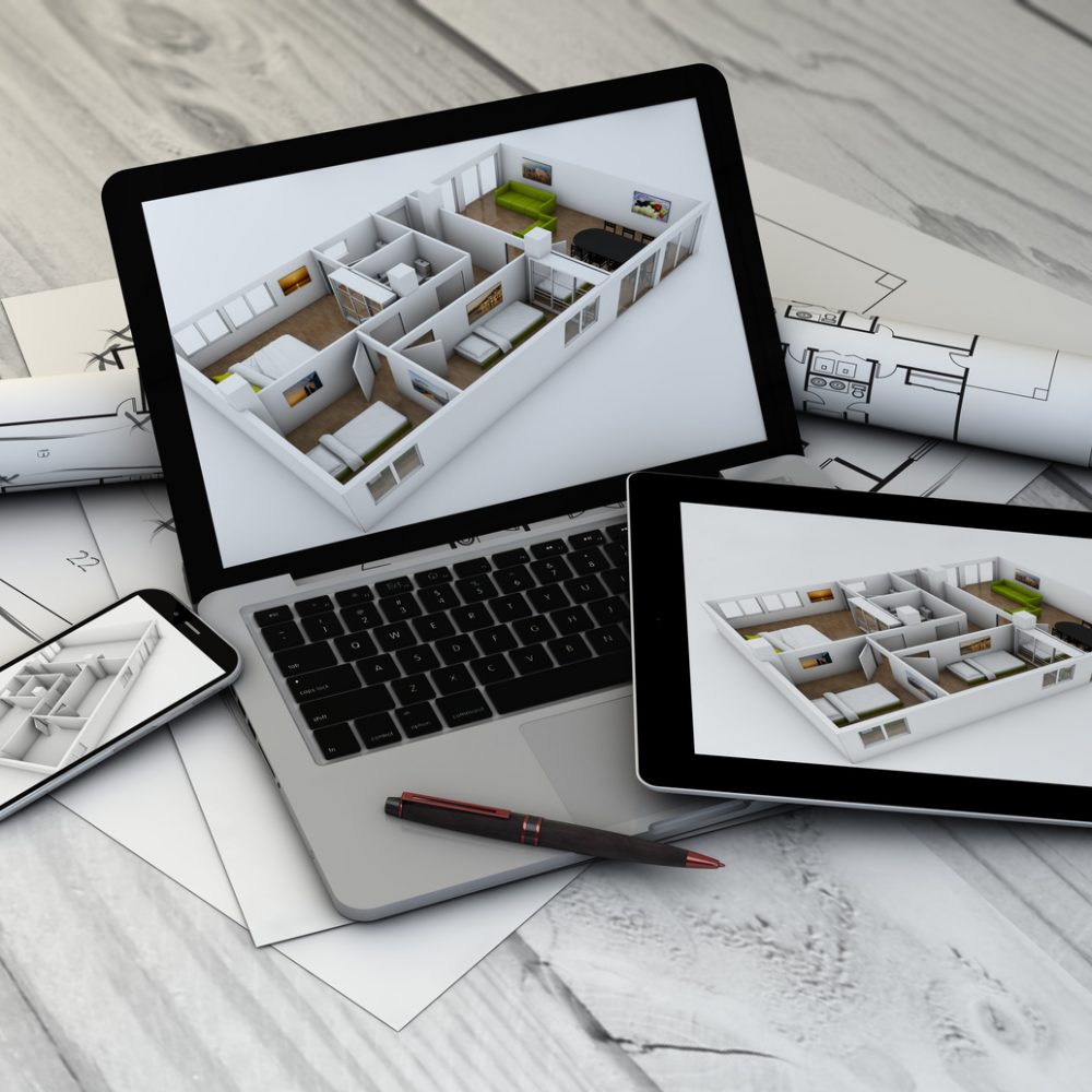real estate, construction or interior design concept: digital generated devices with flat mock-up on the screen. All screen graphics are made up.
