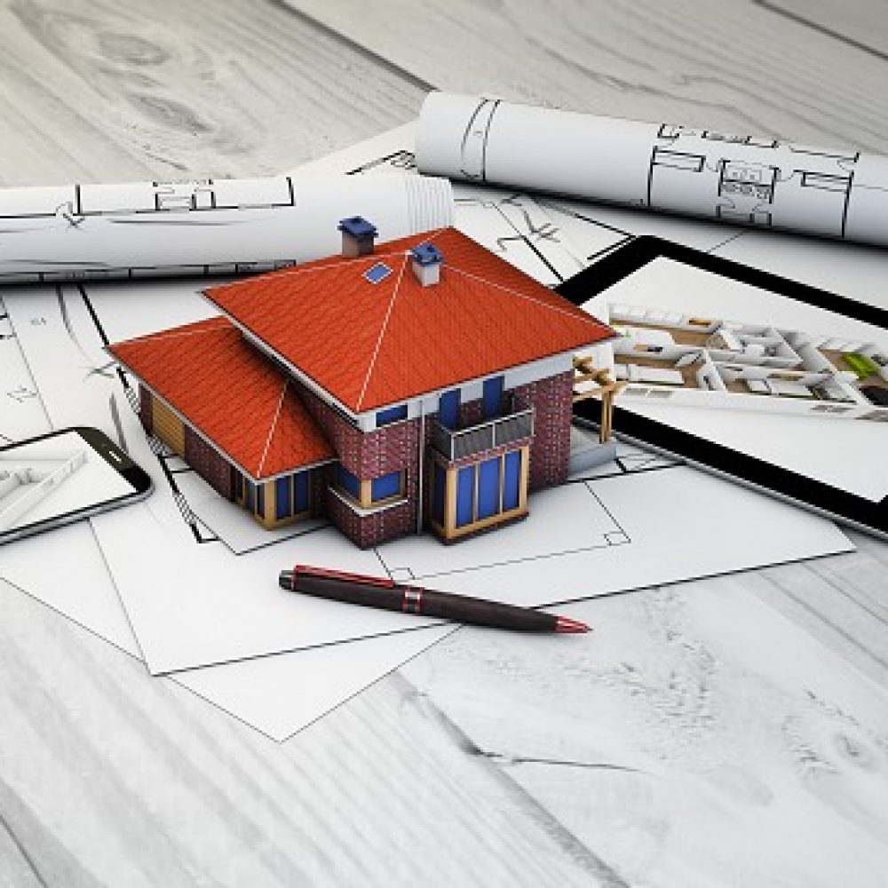 real estate devices real estate, architecture or interior design concept: digital generated devices and house mock-up with plots